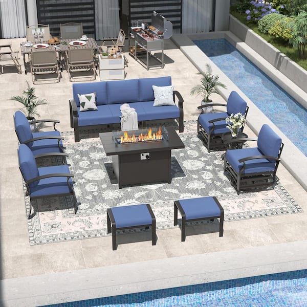 9-Piece Aluminum Patio Conversation Set with armrest, Firepit Table, Swivel Rocking Chairs and Navy Blue Cushions