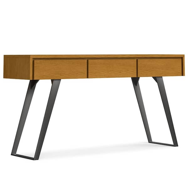 Simpli Home Lowry 60 in. Oak Veneer Wide Rectangle Modern Industrial Wood Console Table