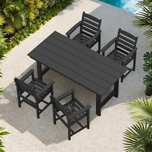 Black 5-Piece HDPE Plastic Rectangle Table Outdoor Dining Set with Umbrella Hole All Weather Patio Dining Set