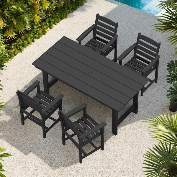TenKa Black 5-Piece HDPE Plastic Rectangle Table Outdoor Dining Set with Umbrella Hole All Weather Patio Dining Set