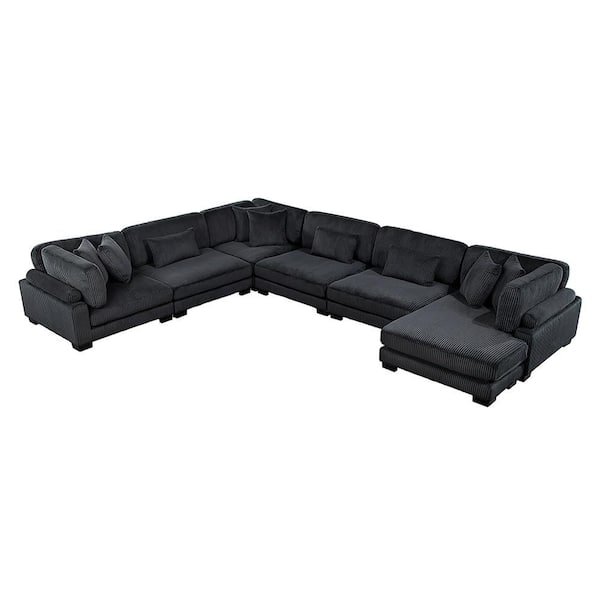 Lazzara Turbo 135 in. Pillow Top Arm 6-Piece Corduroy Fabric Modular Sectional Sofa in. Black with Reversible Chaise