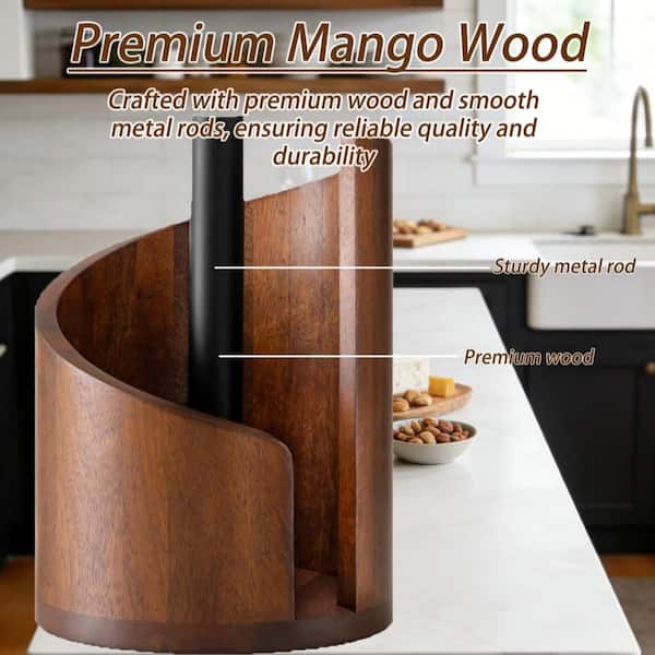 10.23 in. x 6.53 in. Natural Mango Wood Round Base and Iron Paper Towel Holder for Kitchen Roll Organize Home, Brown
