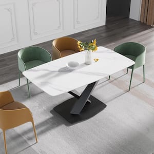 63 in. Rectangle White Sintered Stone Tabletop Dining Table with Carbon Steel Base (Seats 6)