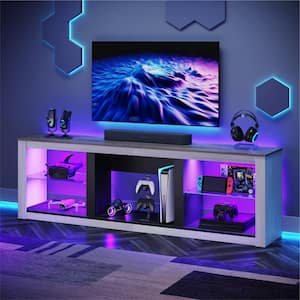 70 in. Wash White TV Stand Fits TV's up to 75 in. with Tempered Glass Shelves LED Lights and Large Open Storage