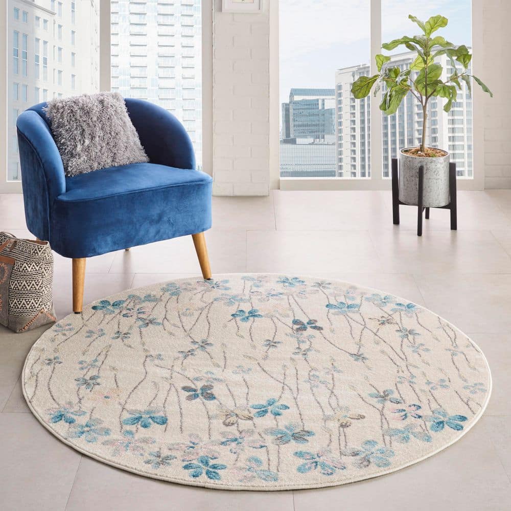 Ivory Floral Bliss Round Braided Area Rug, 63" Diameter