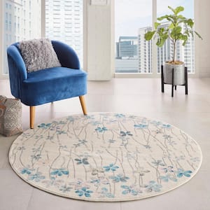 Tranquil Ivory 5 ft. x 5 ft. Floral Modern Round Area Rug