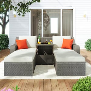 Outdoor Gray 3-Piece Wicker Patio Conversation Set with Beige Cushions