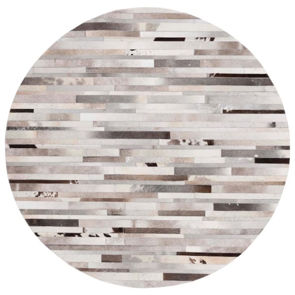 SAFAVIEH Studio Leather Gray Ivory 6 ft. x 6 ft. Striped Abstract Round Area Rug