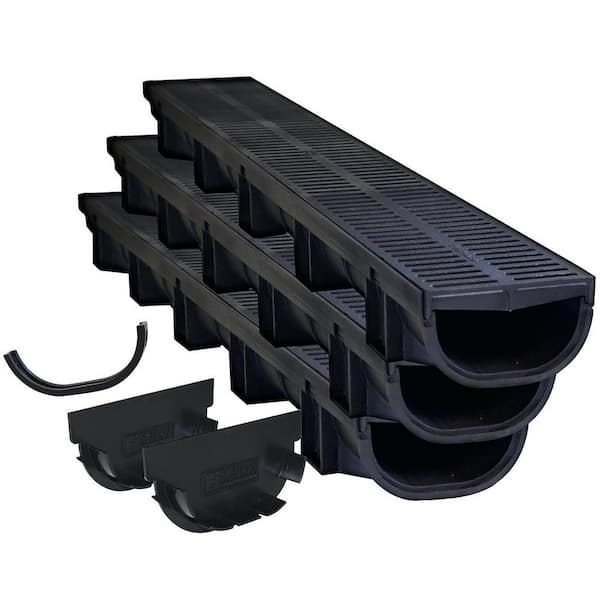 Compact Series 5.4 in. W x 3.2 in. D x 39.4 in. L Trench and Channel Drain Kit with Black Grate (3-Pack : 9.8 ft)