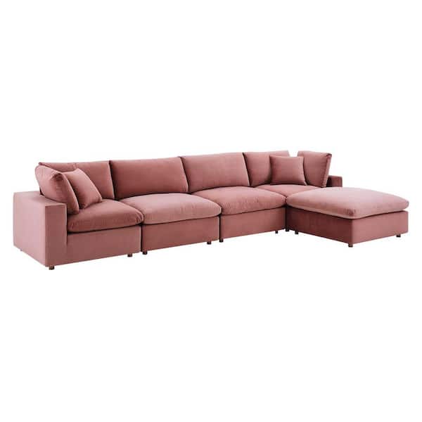MODWAY Commix Down Filled Overstuffed Performance Velvet 5-Piece Sectional Sofa in Dusty Rose