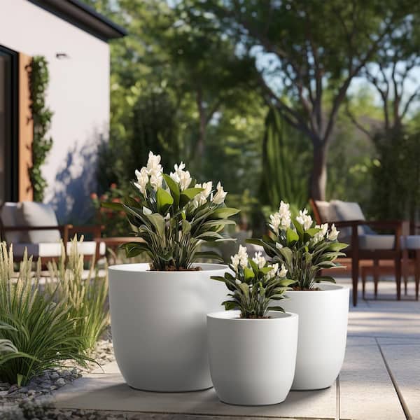 13.5 in. 17 in. 20.5 in. Dia Crisp White Extra Large Tall Round Concrete Plant Pot/ Planter Indoor and Outdoor Set of 3