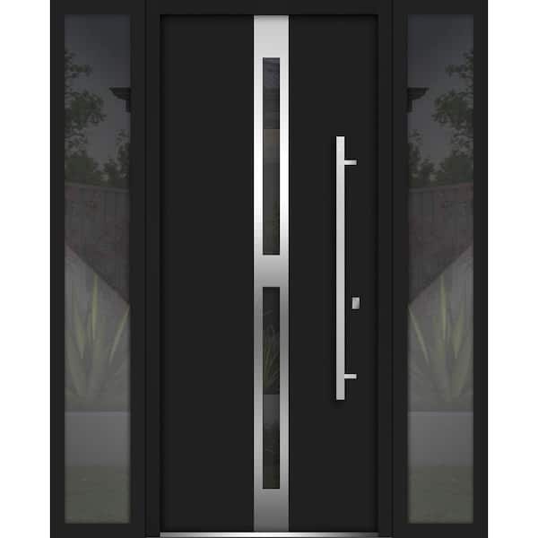 VDOMDOORS 64 in. x 80 in. Left-Hand/Inswing 2 Sidelights Tinted Glass Black Enamel Steel Prehung Front Door with Hardware