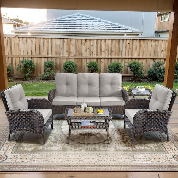 Brown 5-Piece Wicker Patio Conversation Set with Armchairs, Outdoor Sofa Seating Set with Olefin Beige Cushions