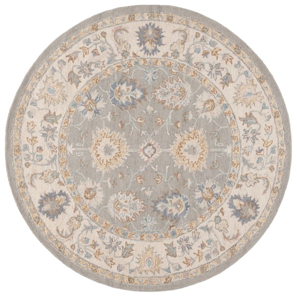 Martha Stewart 6 ft. x 6 ft. Round Gray/Ivory Border Floral Ornate Area Rug