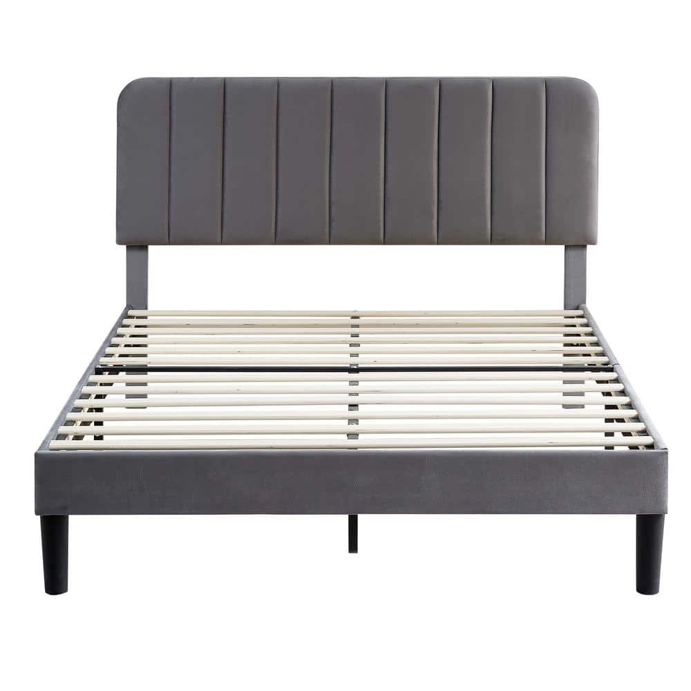 VECELO Upholstered Bed Frame Gray Metal Frame Full Platform Bed with  Adjustable Headboard, Strong Wooden Slats Support KHD-CY-FB01-DGRY - The  Home 