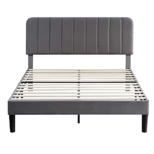 Upholstered Bed Frame Gray Metal Frame Full Platform Bed with Adjustable Headboard, Strong Wooden Slats Support