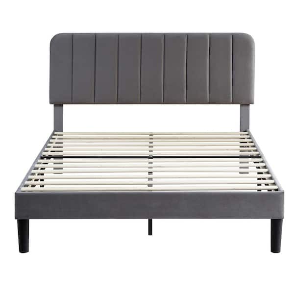 VECELO Upholstered Bed Frame Gray Metal Frame Full Platform Bed with Adjustable Headboard, Strong Wooden Slats Support