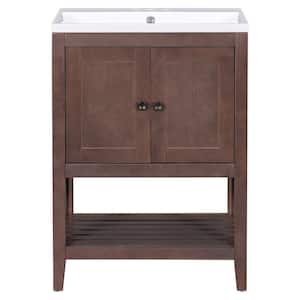 Contemporary 24 in. W x 18 in. D x 34 in. H Freestanding Bath Vanity in Brown with Elegant Ceramic Top and Open Shelf