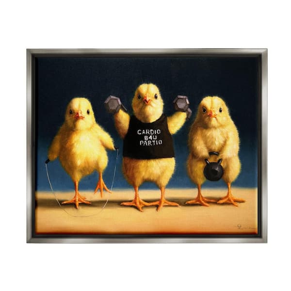 Stupell Industries Funny Exercise Workout Chicks by Lucia Heffernan 1-Piece Gray Floater Frame Animal Graphic Art Print 17 in. x 21 in.