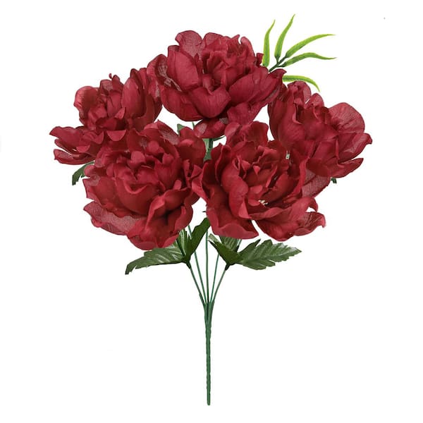 LIVING LUXURY 14 in. Burgundy Red Artificial Open Peony Flower Stem Bush Bouquet (Set of 12)