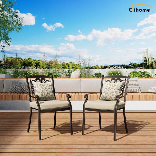 Clihome Set of 4-Cast Aluminum Outdoor Flower-Shaped Backrest Dining Chair with Beige Cushions