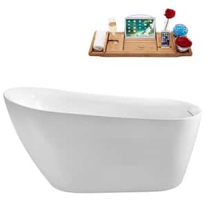 59 in. Acrylic Flatbottom Freestanding Bathtub in Glossy White with Matte Black Drain