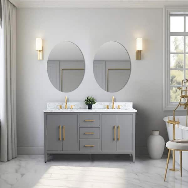 60 in. W x 22 in. D x 34 in. H Double Sink Bathroom Vanity Cabinet in Cashmere Gray with Engineered Marble Top in White