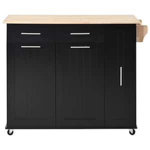 Black Wood 46 in. Kitchen Island with 2 Drawers 3 Tier on Wheels with Towel Rack for Kitchen