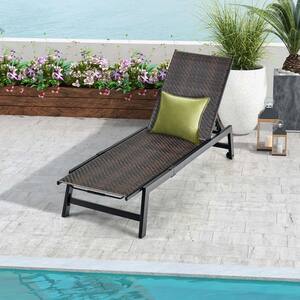 1-Piece Patio Galvanized Steel Outdoor Chaise Lounge with Wheels PE Rattan Recliner Chair