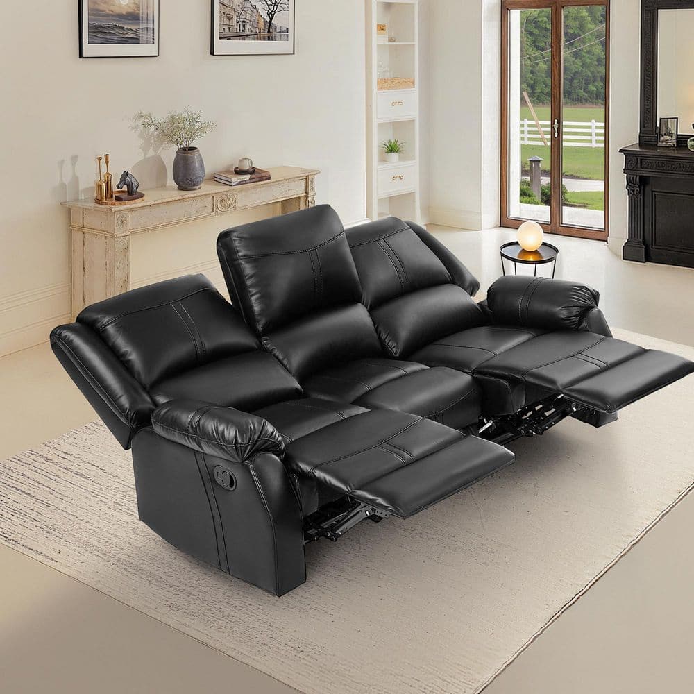 OrangeOne Jackson 80.7 in. W Rolled Arm Leather Upholstered 3-Seater Push  Back Rectangle Recliner Sofa in Black JKX-Black-3 - The Home Depot, image size:1000x1000