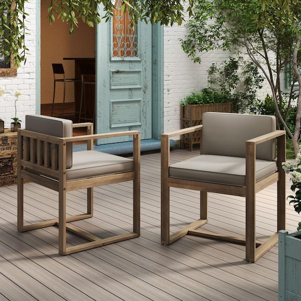 Wooden Patio Dining Chairs Set of 2, Acacia Wood Arm Chairs Upholstered Chairs for Balcony Outdoor with Gray Cushions