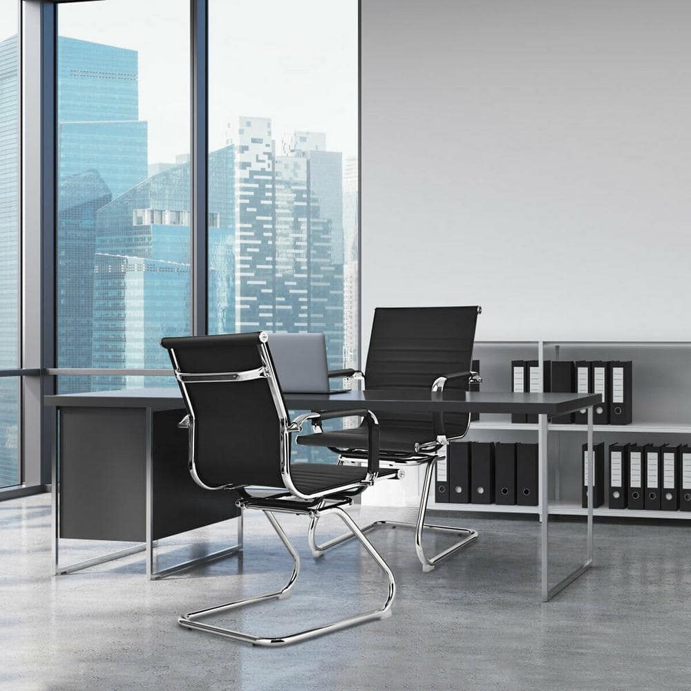 Black PU Leather and Metal Sled Base Office Chairs, Set of 2