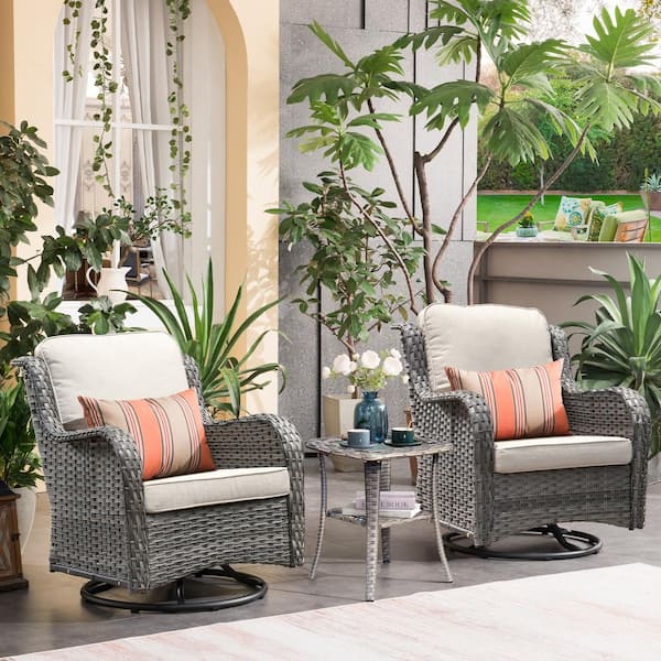 Joyoung Gray 3-Piece Wicker Outdoor Patio Conversation Set with Beige Cushions and Swivel Rocking Chairs