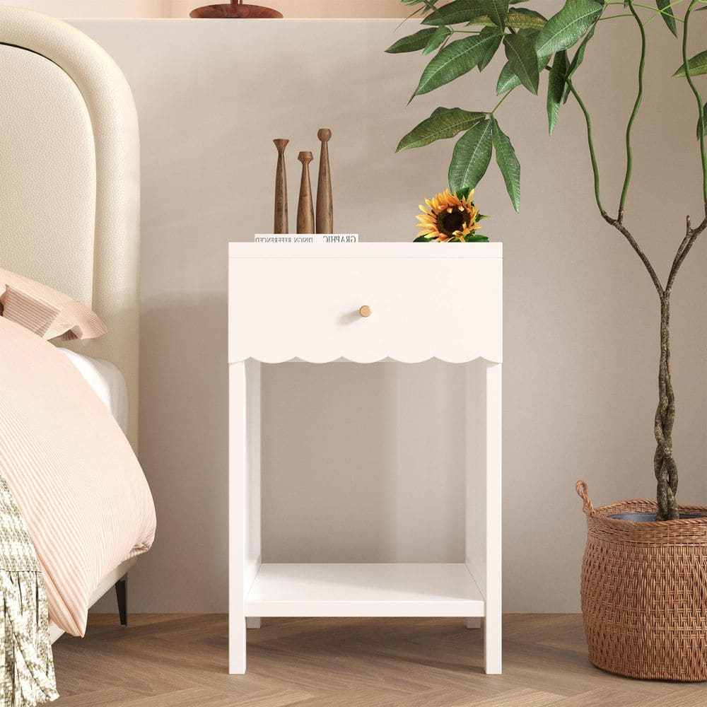 Modern White 1-Drawer MDF Wood Nightstand, Bedside Table with Open Shelf