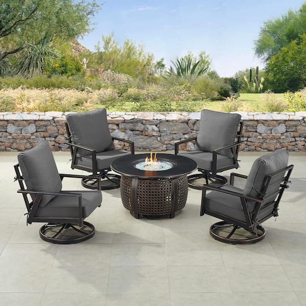 Oakland Living Black 7-Piece Aluminum Patio Fire Pit Set with 4-Club Chairs Black Cushions