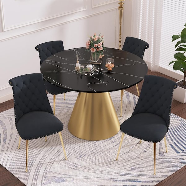 Boyel Living 5-Piece Round Stainless Steel Black and Gold Marble Top Table Set Seats 4 (4 Black Dining Chairs)