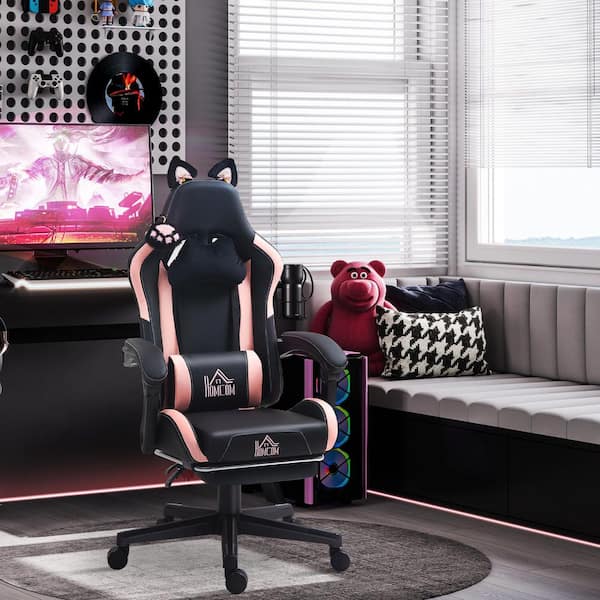 Faux Leather Cat Ear, Pillow, Adjustable Height, Tilt Gaming Chair in Black and Pink