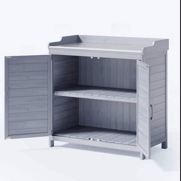 38.6 in W x 18.9 in D x 37.4 in H natural wood Outdoor Storage Cabinet with metal tabletop for gardens, backyards