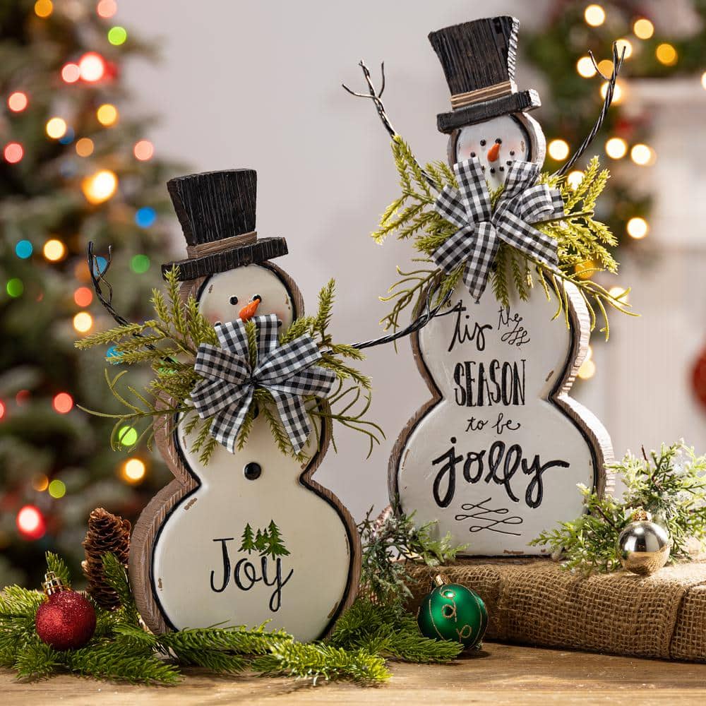 Rustic Winter Resin Snowman Figurines with Pine and Bow, Set of 2