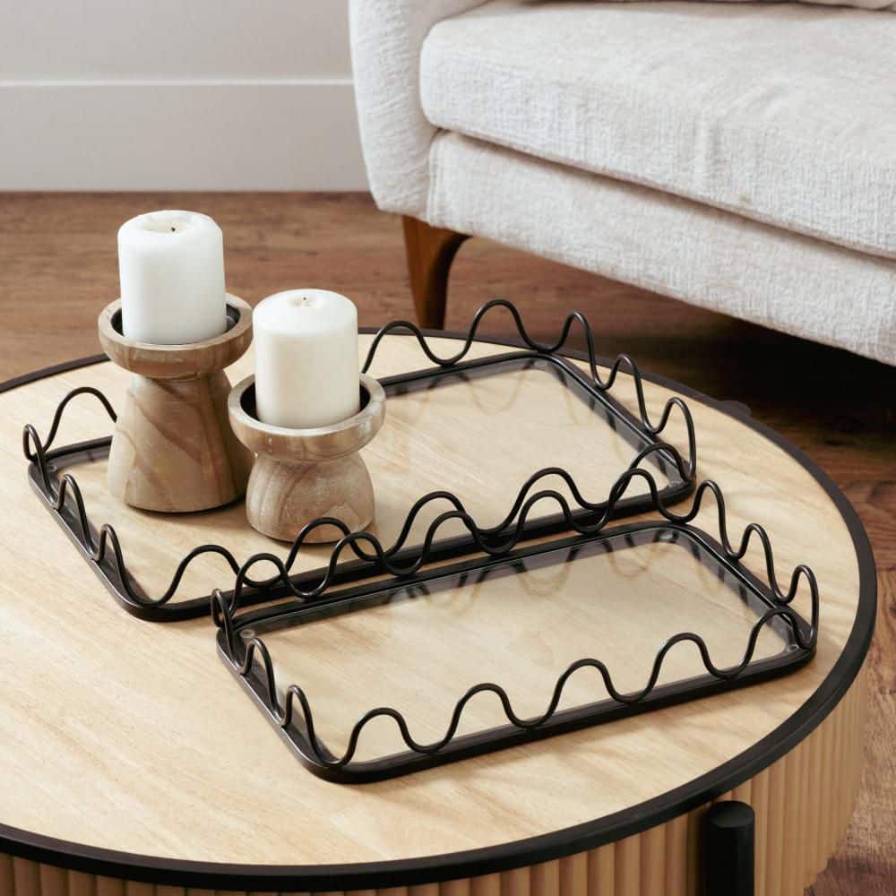 18 in. x 11 in. and 15 in. x 9 in. Black Metal Decorative Tray with Glass Base (Set of 2)