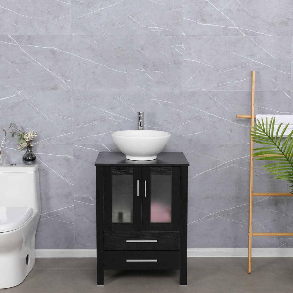 24'' Black MDF Bathroom Vanity Set with White Ceramic Vessel Sink