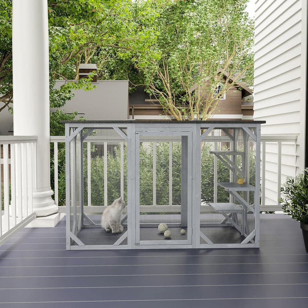 Gray Solid Wood Freestanding Outdoor Cat House with Asphalt Roof