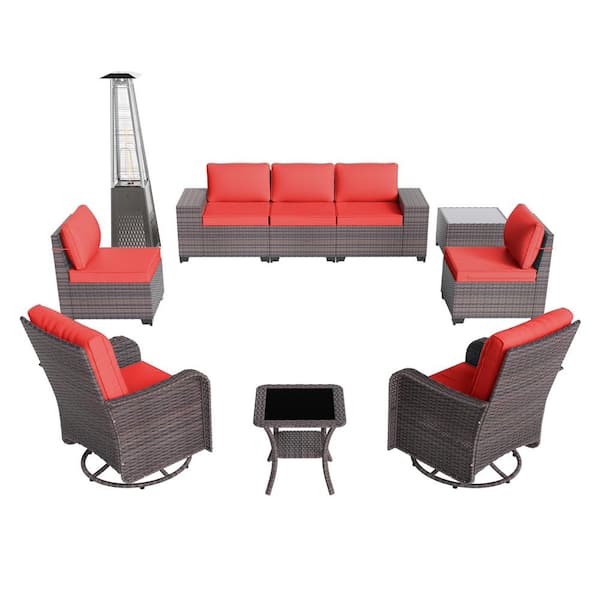Halmuz 11-Piece Wicker Patio Conversation Set with Fire Pit Table, with Pyramid Heater, Swivel Rocking Chairs Set, Cushion Red