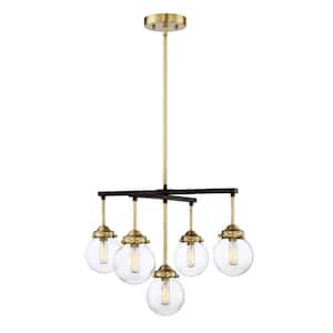 Meridian 22 in. W x 16 in. H 5-Light Oil Rubbed Bronze and Natural Brass Chandelier with Clear Glass Shades
