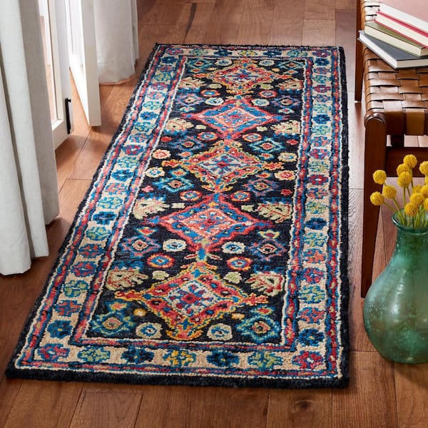 Aspen 2 ft. x 21 ft. Charcoal/Blue Border Bohemian Runner Rug
