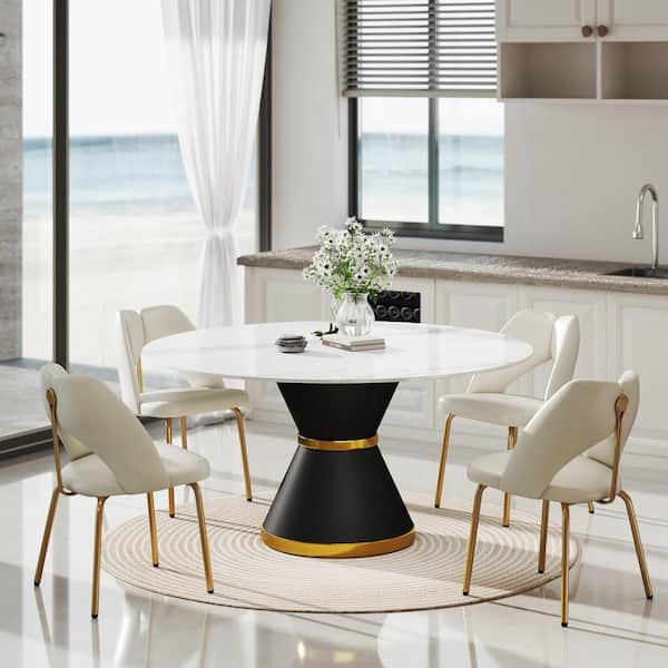Magic Home 59.05 in. Round Sintered Stone Dining Table with Black Pedestal Metal Base (Seat 8)