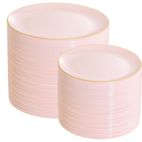 Pink Plastic Plate Set, 200-Piece, 100 Dinner 10 in and 100 Dessert 7 in with Gold Edge Dinnerware