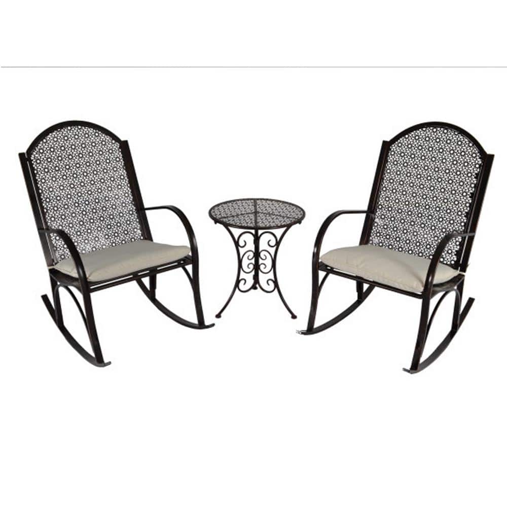 Garden Metal Patio Rocking Chair Set with Tan Cushions and Outdoor Side Tab
