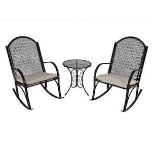 Garden Metal Patio Rocking Chair Set with Tan Cushions and Outdoor Side Table (3-Piece Patio Furniture Bundle)