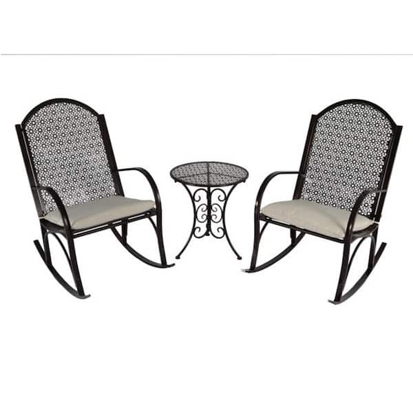 Tortuga Outdoor Garden Metal Patio Rocking Chair Set with Tan Cushions and Outdoor Side Table (3-Piece Patio Furniture Bundle)